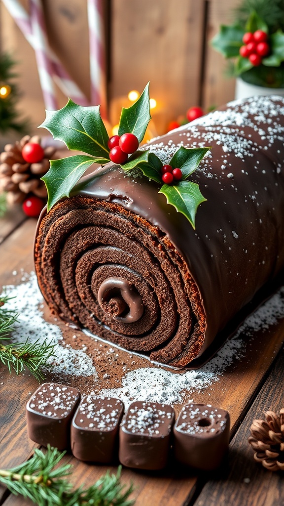 A festive vegan chocolate yule log topped with powdered sugar and holly, on a rustic table.